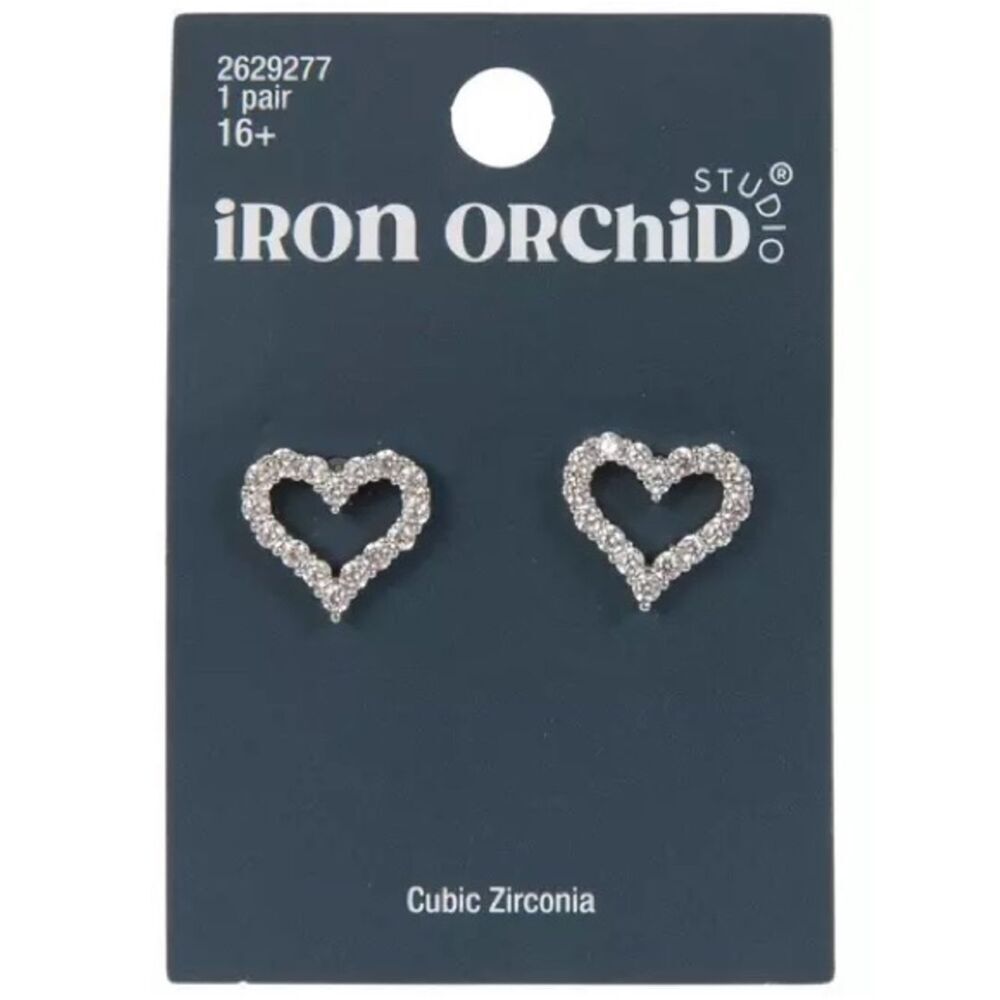 New iron orchid Silver Cubic Zirconia Heart Stud Earrings
